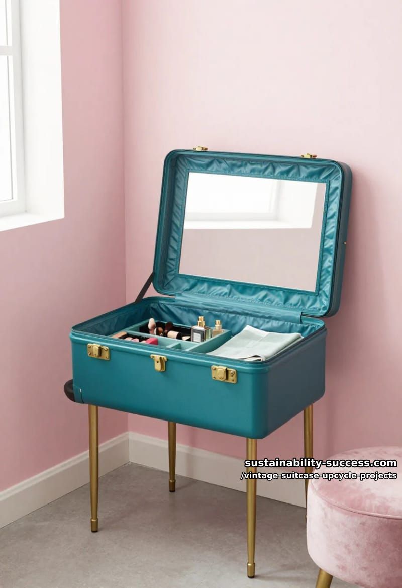 Vintage Suitcase Upcycle Projects: 12 Furniture Conversions for Thrifted Luggage 17 fold-down suitcase vanity with mirror 1