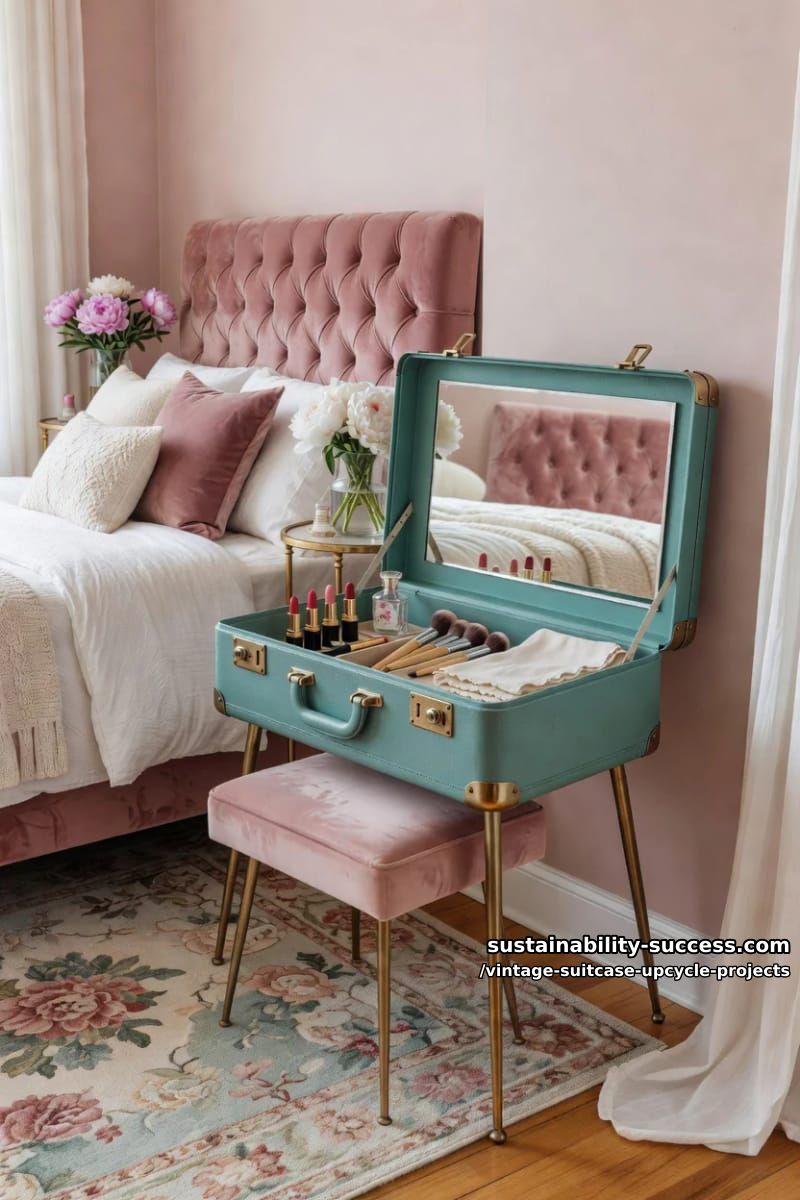 Vintage Suitcase Upcycle Projects: 12 Furniture Conversions for Thrifted Luggage 18 fold-down suitcase vanity with mirror 1