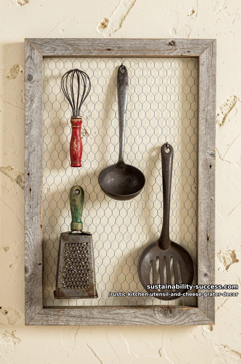 framed chicken-wire vintage utensil display 1