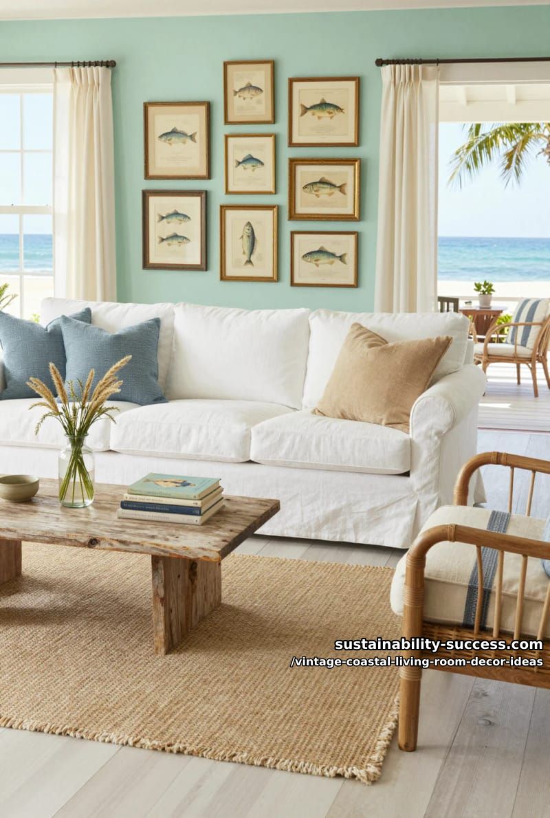 15 Vintage Coastal Living Room Decor Ideas You'll Love 13 gallery of framed fish illustrations above a cozy, slipcovered coastal couch 1