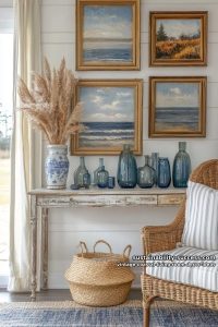 15 Vintage Coastal Living Room Decor Ideas You'll Love 1 gallery wall of seascape paintings in mismatched golden vintage frames 4