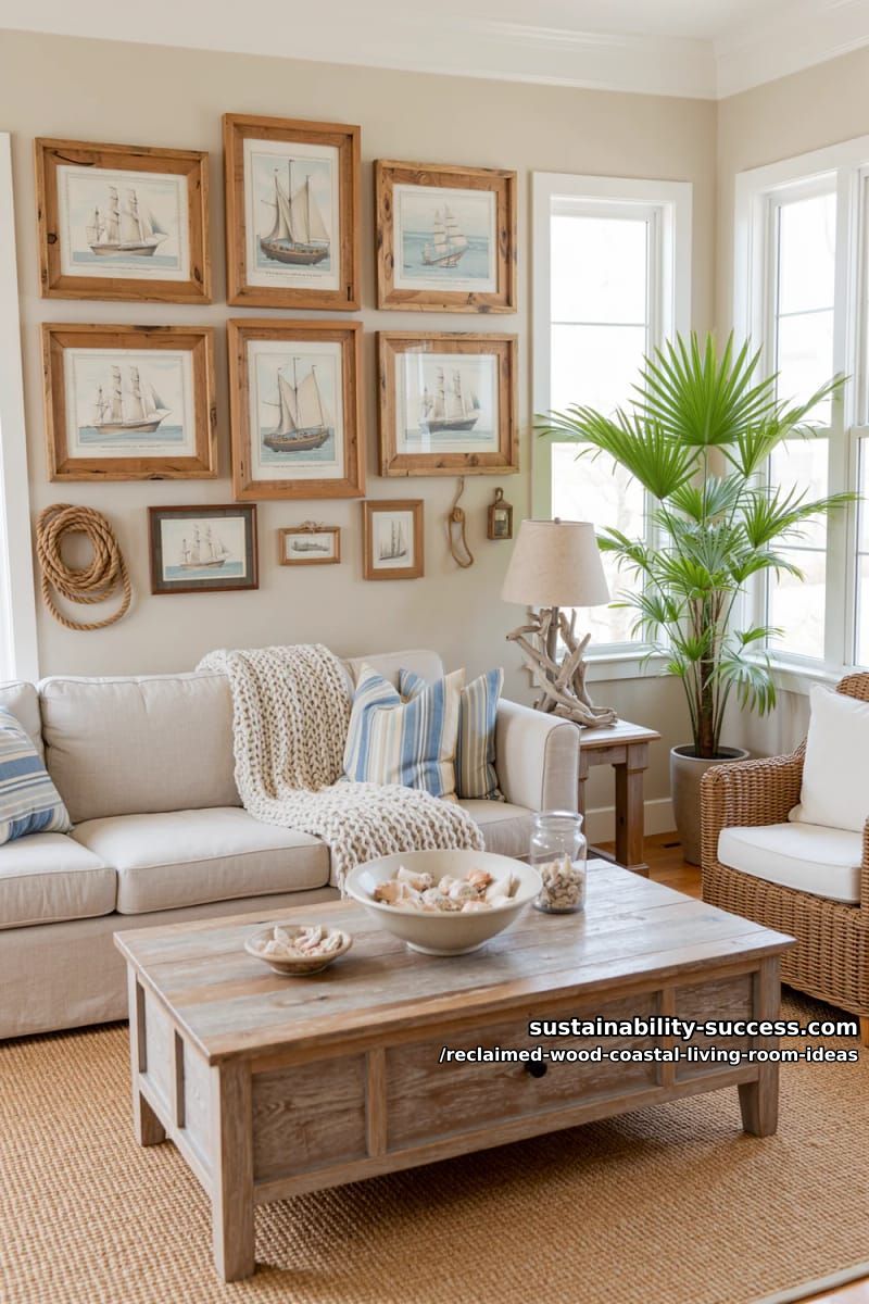 15 Reclaimed Wood Decor Ideas for a Breezy Coastal Living Room 12 gallery wall with vintage sailing prints and reclaimed wood frames 1