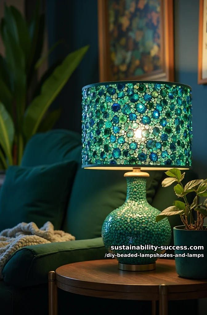 10 DIY Beaded Lampshade and Lamp Ideas for a Warm, Jeweled Glow 13 glue flat beads and buttons into a mosaic lampshade 1