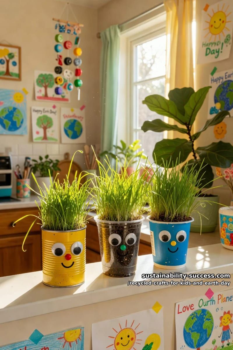 grass-head creatures in recycled cups and cans 1