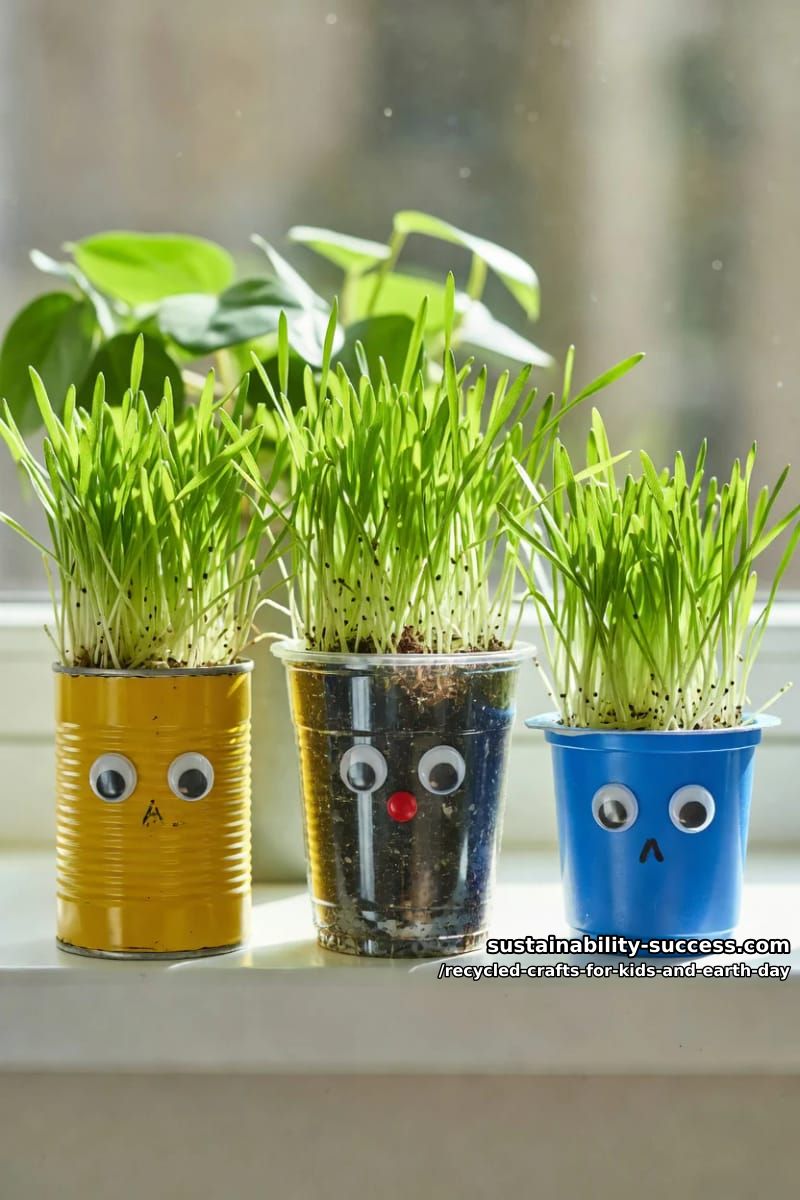 grass-head creatures in recycled cups and cans 1