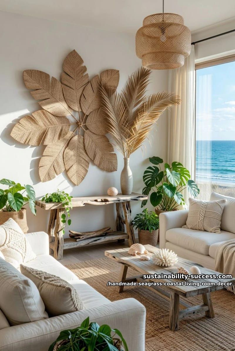 handmade seagrass leaf wall sculpture paired with dried palm fronds 1