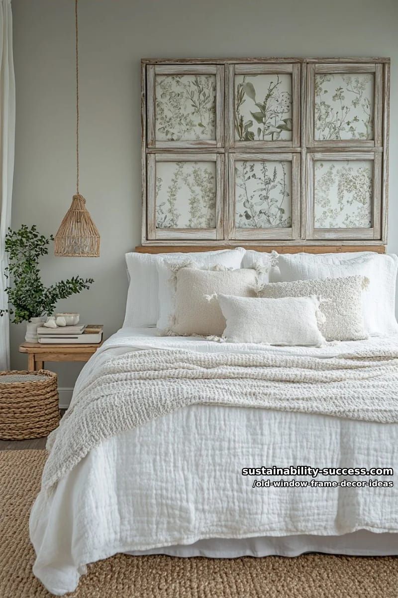 12 Old Window Frame Decor Ideas That Beat Buying New 15 hang a wide sash above the bed as a headboard 1