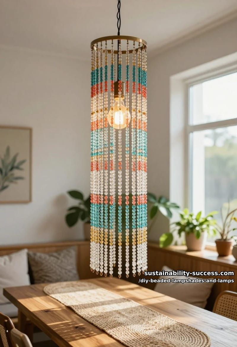 10 DIY Beaded Lampshade and Lamp Ideas for a Warm, Jeweled Glow 9 hang bead strands from a bare ring for a curtain-style pendant 1