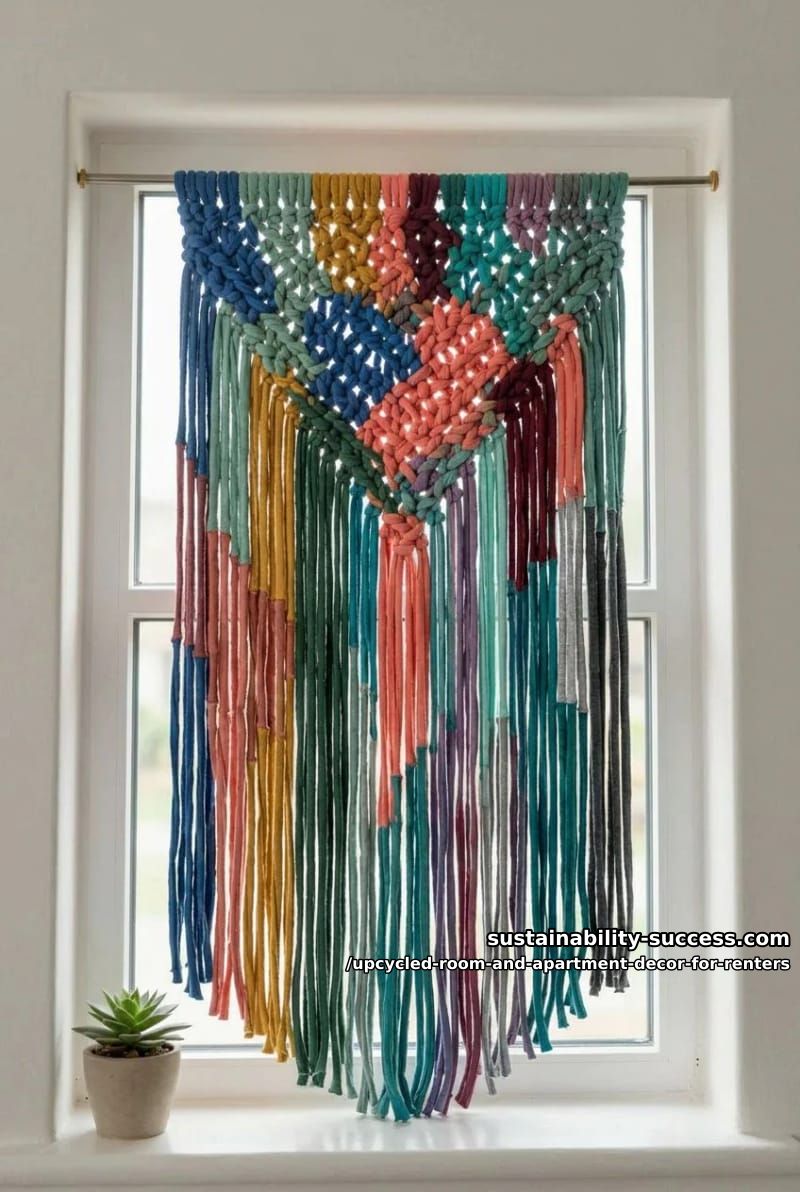 Upcycled Room and Apartment Decor for Renters 13 hang macramé from t-shirt yarn on a tension rod 1