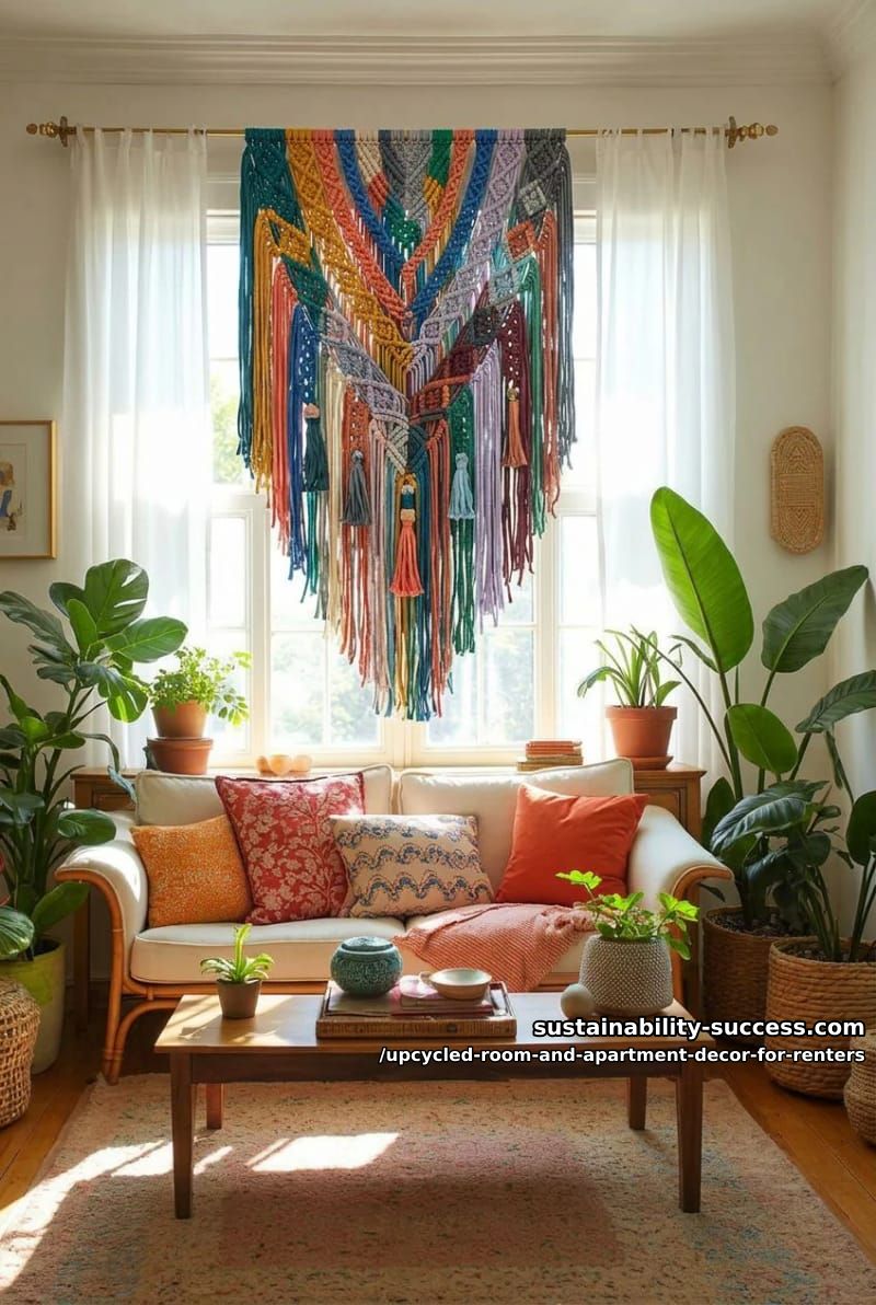 Upcycled Room and Apartment Decor for Renters 14 hang macramé from t-shirt yarn on a tension rod 1