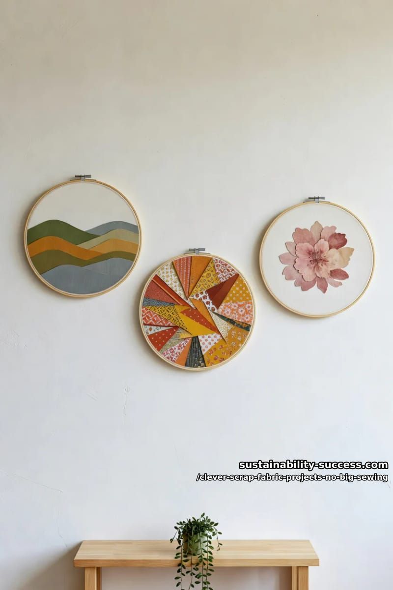 12 Clever Scrap Fabric Projects With Almost No Sewing 15 hoop wall art from a fabric scrap collage 1