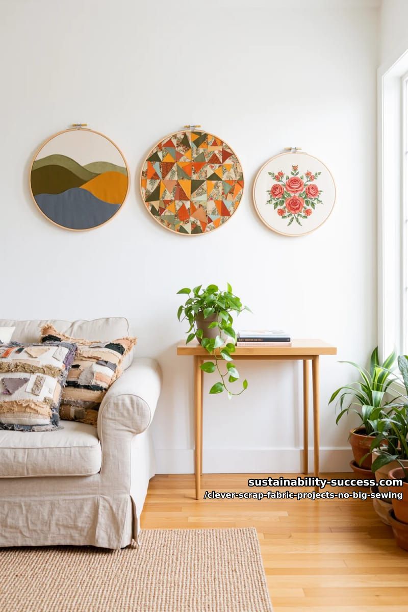 12 Clever Scrap Fabric Projects With Almost No Sewing 16 hoop wall art from a fabric scrap collage 1