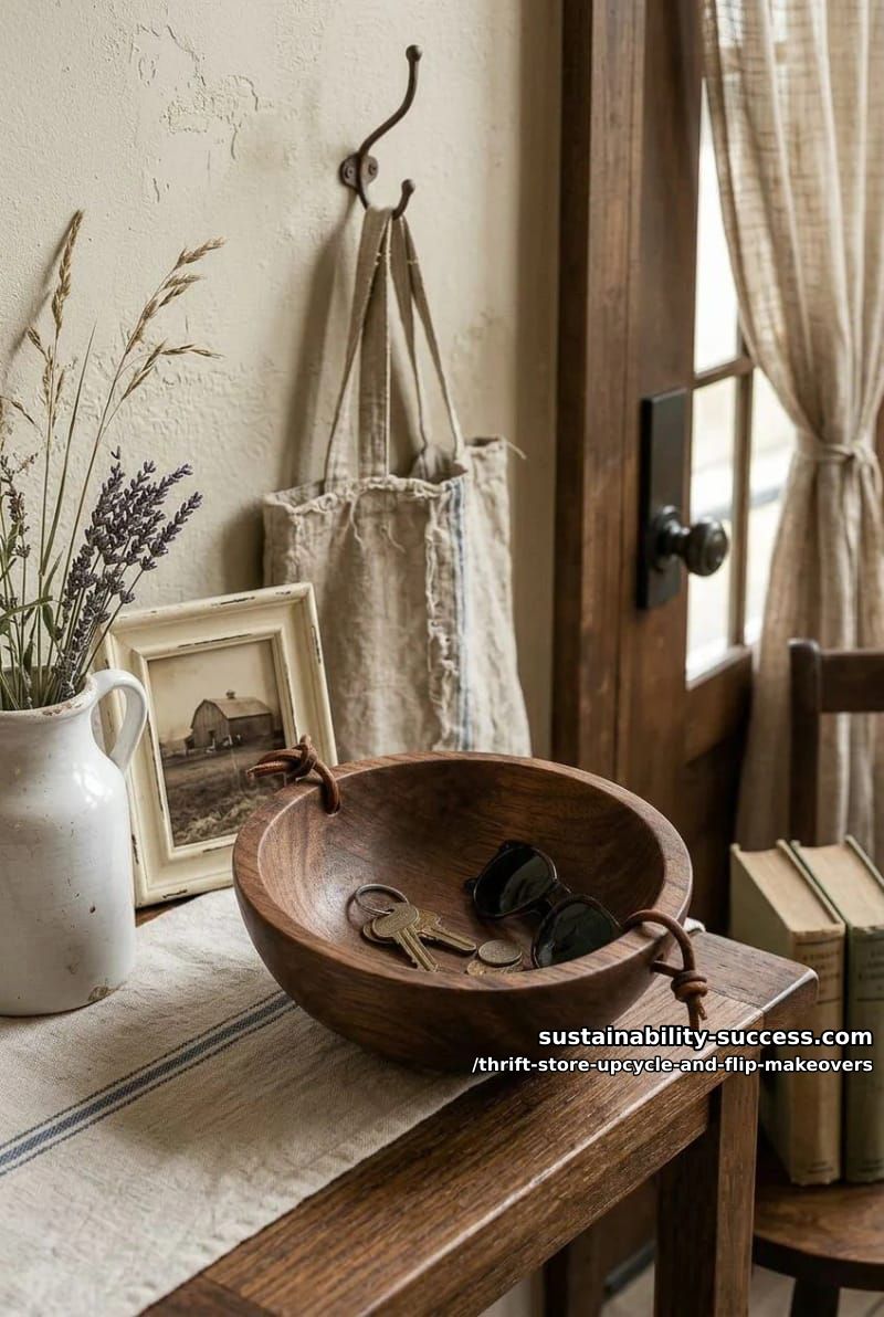 12 Thrift Store Upcycle and Flip Makeovers That Actually Hold Up 18 lace a secondhand wooden bowl into a leather-handled catchall 1