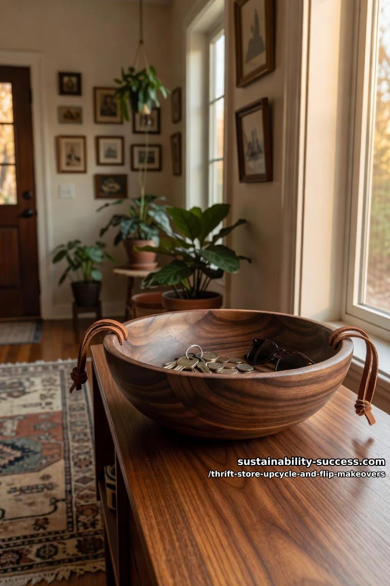 12 Thrift Store Upcycle and Flip Makeovers That Actually Hold Up 19 lace a secondhand wooden bowl into a leather-handled catchall 1