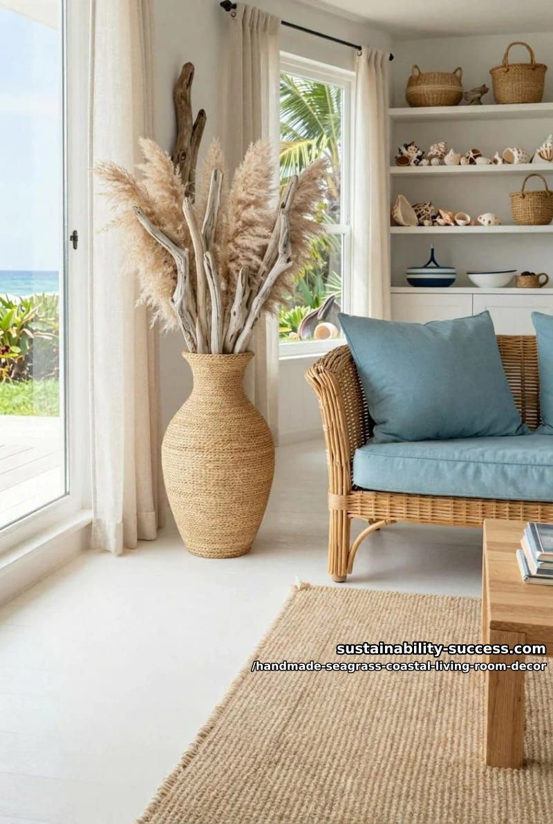 large seagrass floor vase filled with pampas grass and driftwood 1