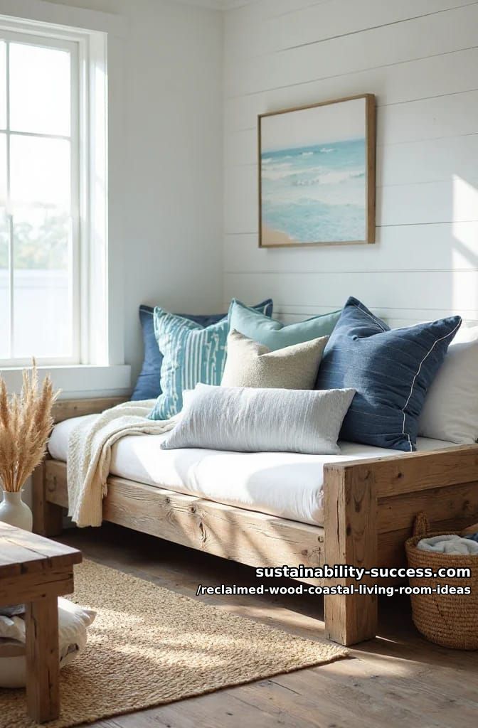 15 Reclaimed Wood Decor Ideas for a Breezy Coastal Living Room 16 layered coastal blue throw pillows on a rustic wood daybed 1
