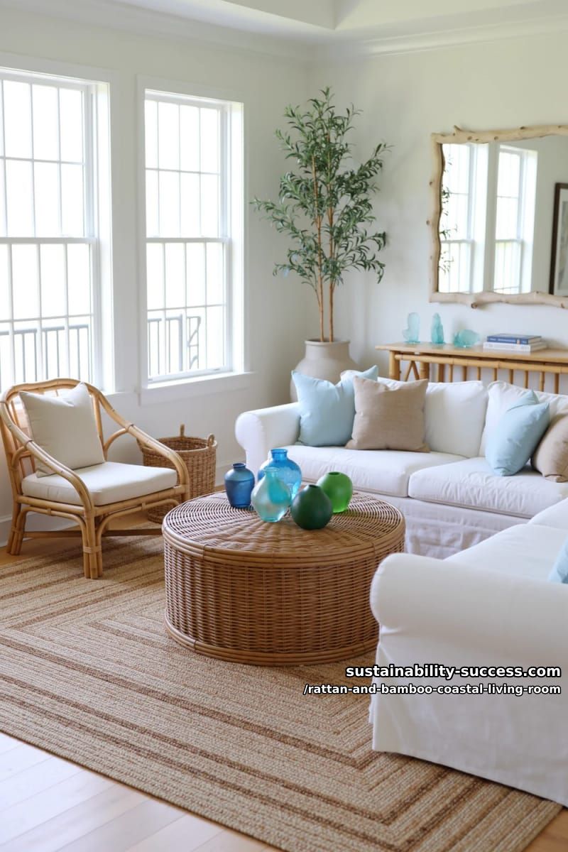layered jute rugs under a woven rattan coffee table with sea glass vases 1