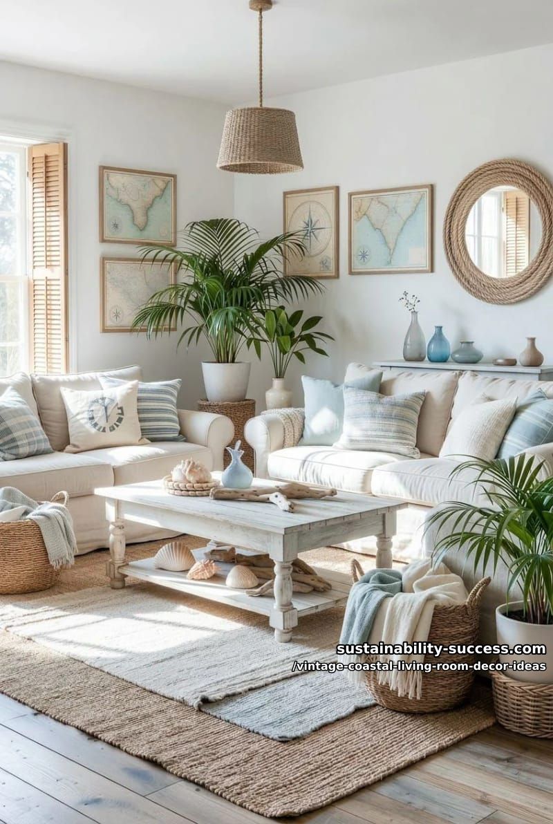 15 Vintage Coastal Living Room Decor Ideas You'll Love 10 layered natural fiber rugs with coastal farmhouse coffee table and potted palms 1