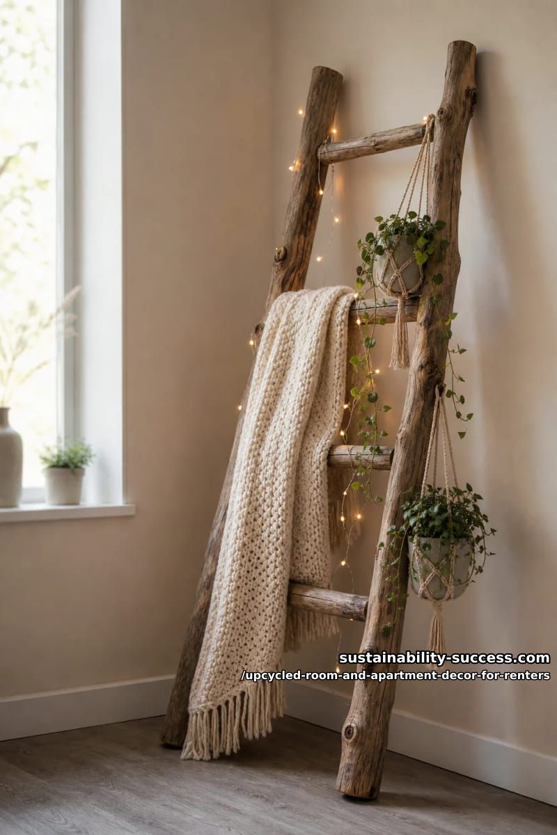 Upcycled Room and Apartment Decor for Renters 22 lean a branch ladder for plants and throws 1
