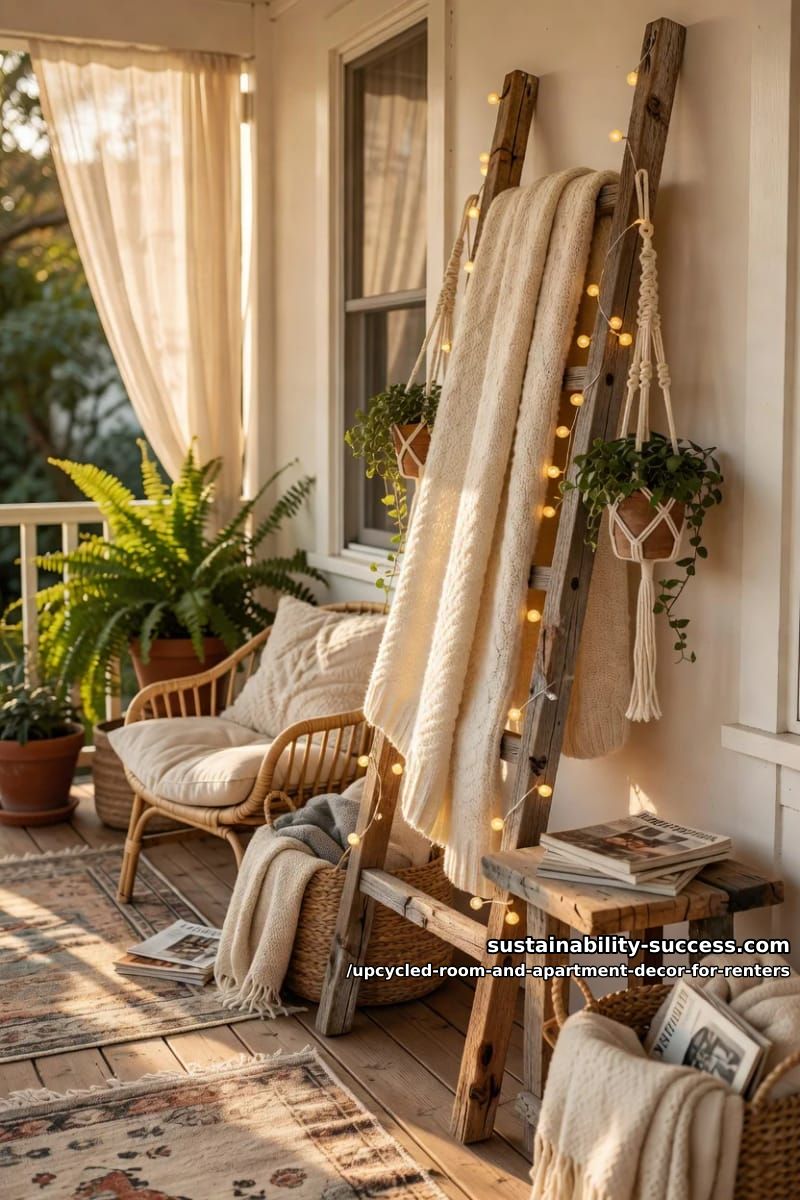Upcycled Room and Apartment Decor for Renters 23 lean a branch ladder for plants and throws 1