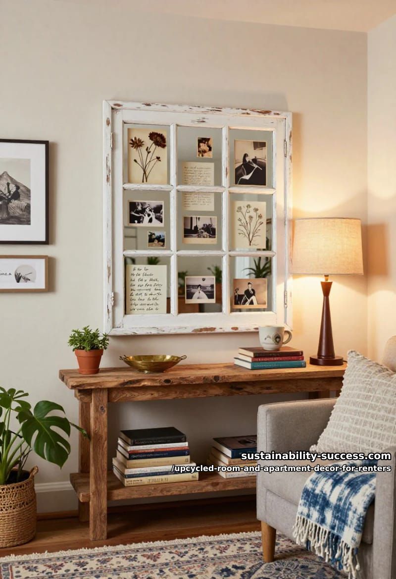 Upcycled Room and Apartment Decor for Renters 8 lean an old window frame as a layered photo tray 1
