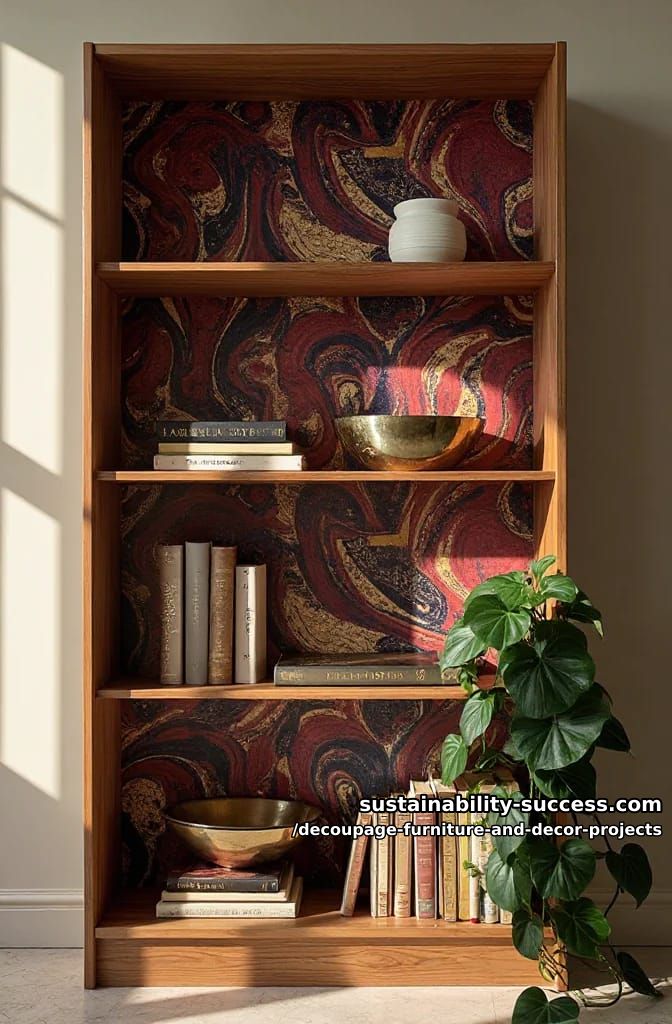 12 Decoupage Projects That Transform Tired Furniture and Decor 23 marbled-paper bookcase back 1