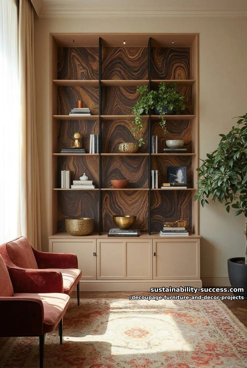 12 Decoupage Projects That Transform Tired Furniture and Decor 24 marbled-paper bookcase back 1