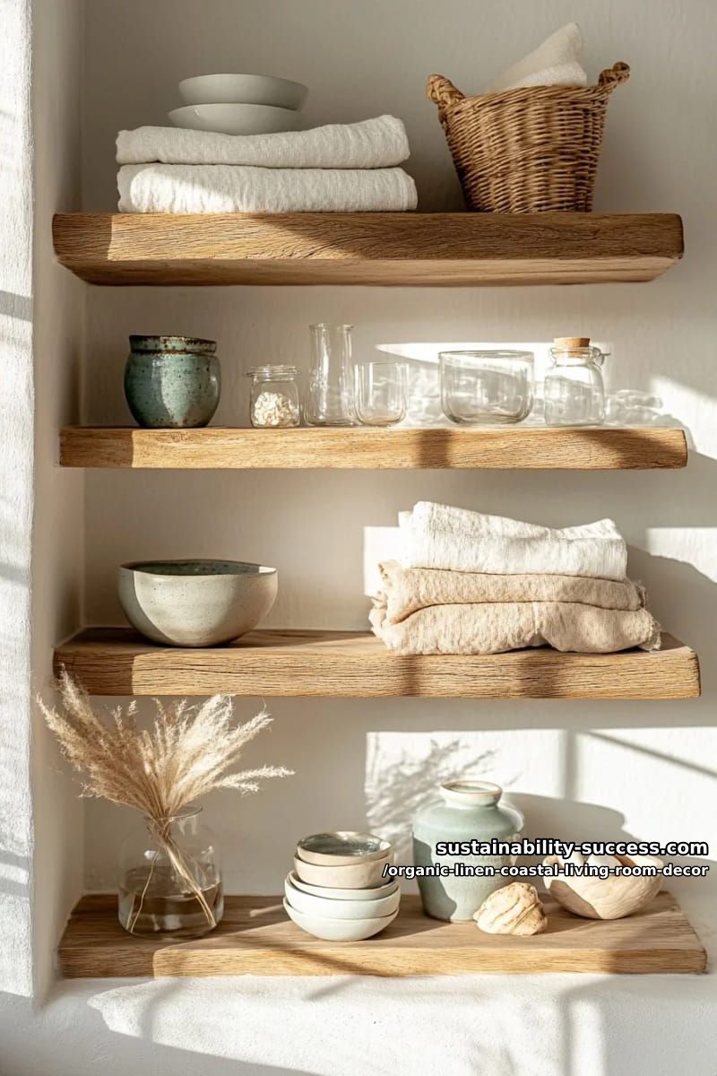 minimalist open shelves styled with coastal pottery and folded linen throws 1