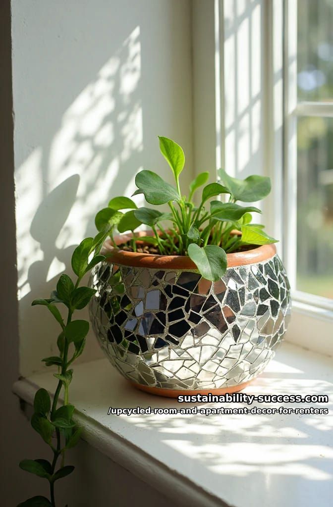 Upcycled Room and Apartment Decor for Renters 15 mosaic a thrifted pot or vase with a broken mirror 1