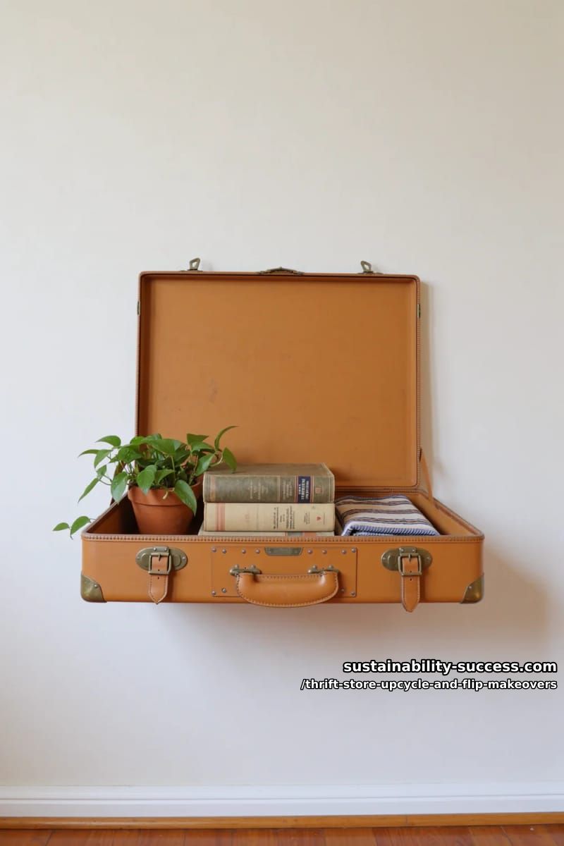12 Thrift Store Upcycle and Flip Makeovers That Actually Hold Up 3 mount a vintage hard-shell suitcase as a wall shelf 1