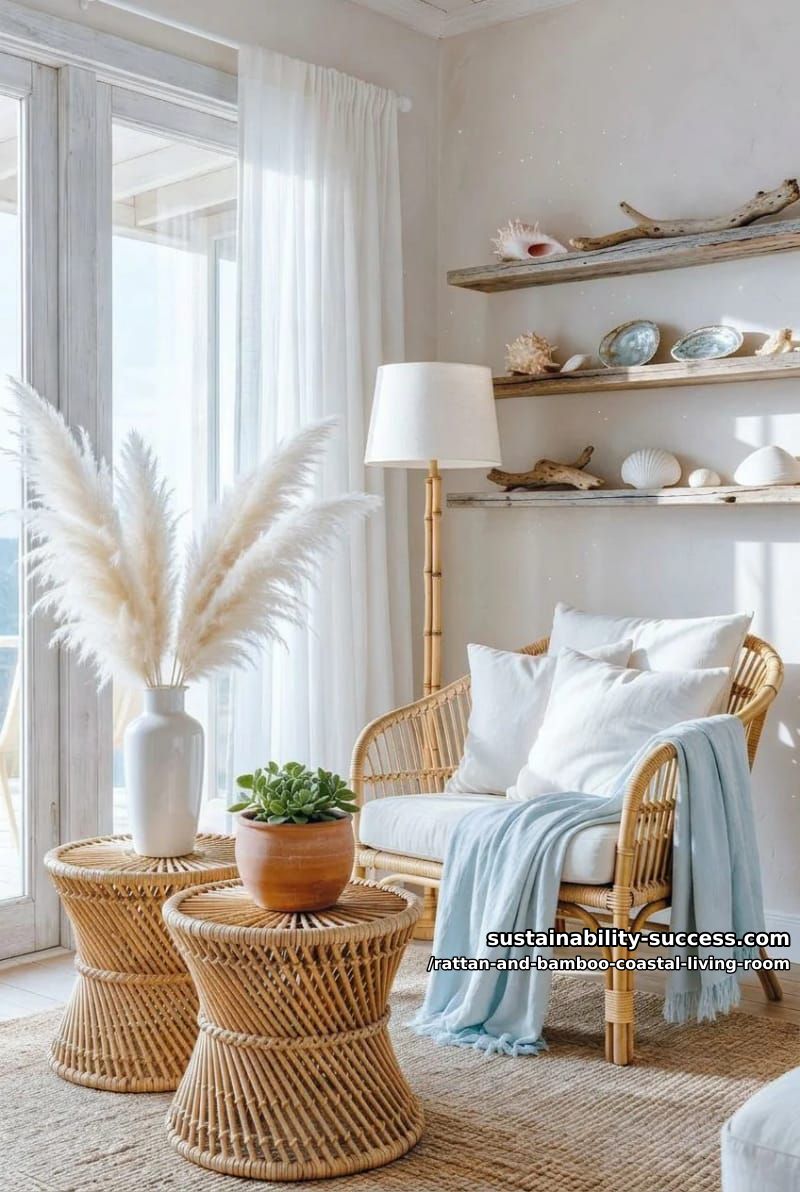 natural cane side tables hosting terracotta pots and white ceramic vases 1