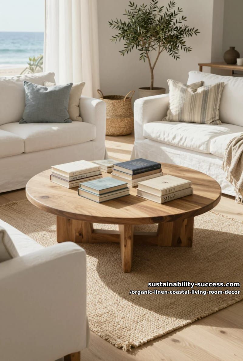 natural wood round coffee table with stacked linen-bound coffee books 1