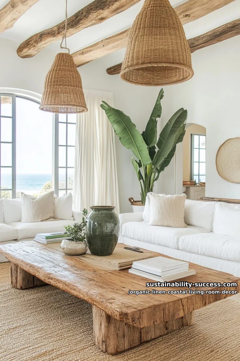 neutral coastal palette using white linen, sandy woods, and olive green plants 1