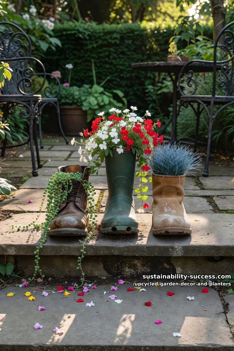 18 Upcycled Garden Decor and Planter Ideas, From Boot Planters to a Watering-Can Fountain 3 old boots and rubber wellies as planters 1