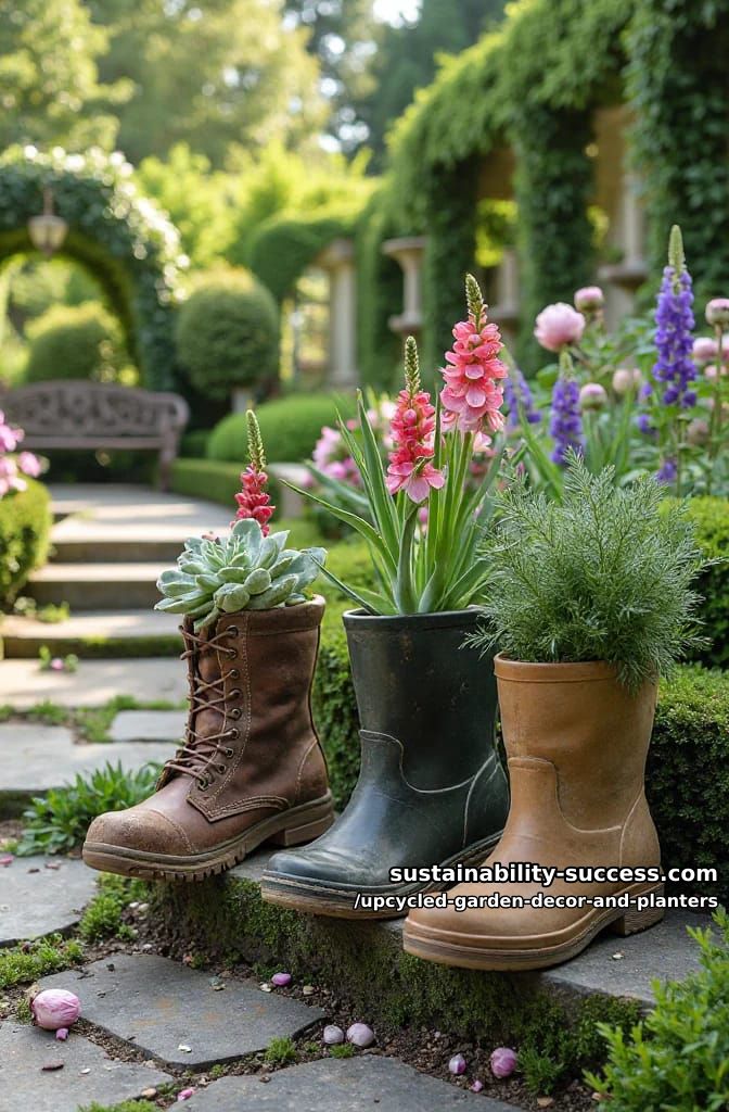 18 Upcycled Garden Decor and Planter Ideas, From Boot Planters to a Watering-Can Fountain 4 old boots and rubber wellies as planters 1
