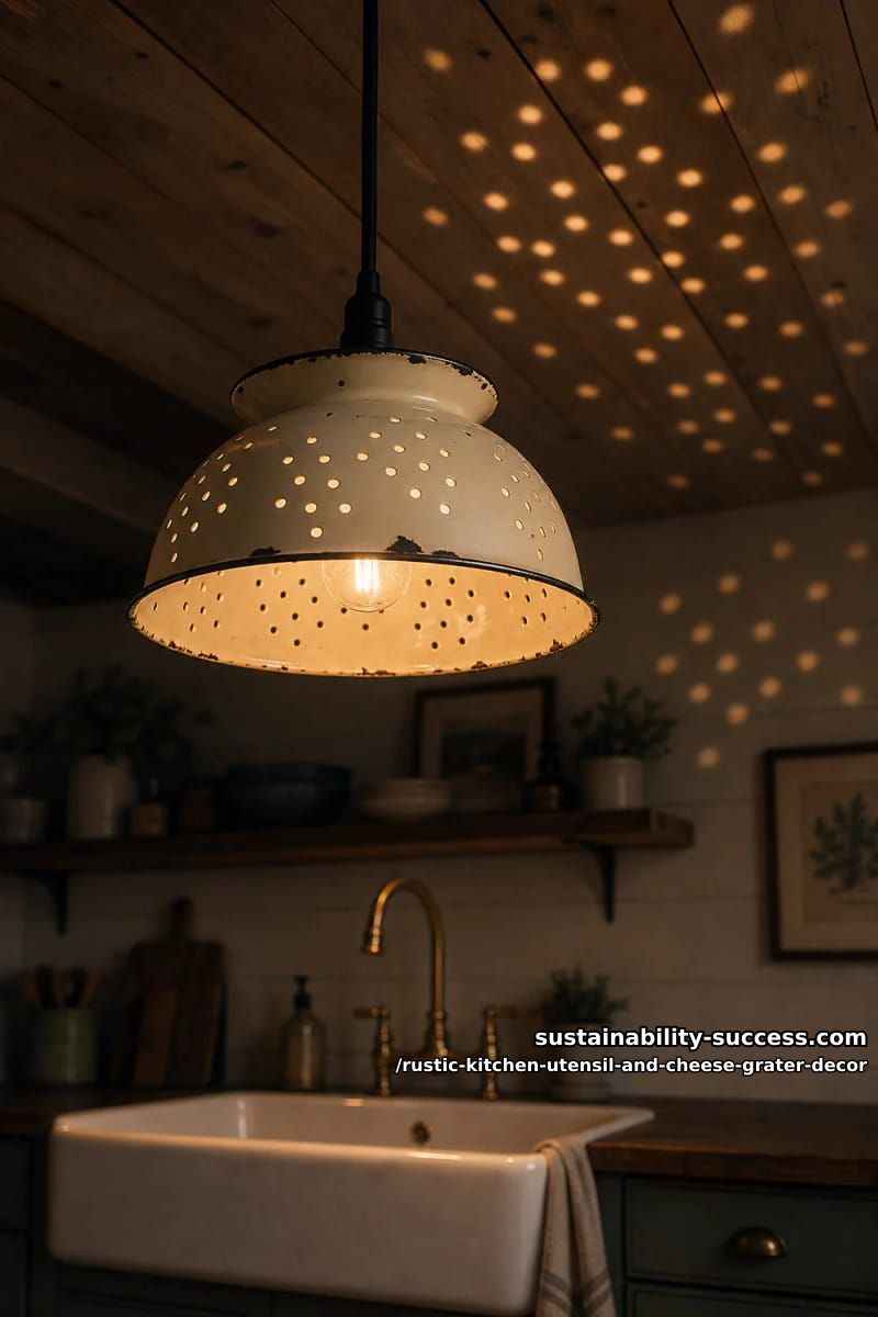 old colander turned pendant light 1
