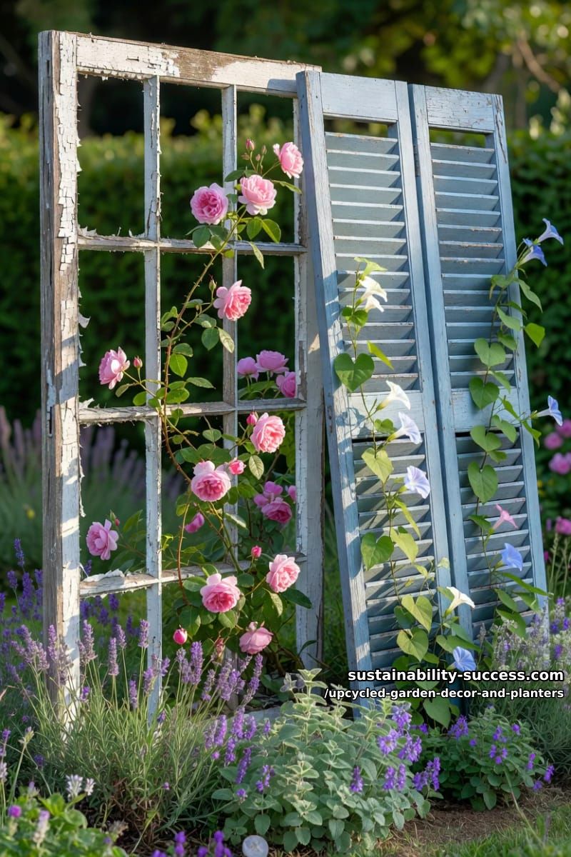 18 Upcycled Garden Decor and Planter Ideas, From Boot Planters to a Watering-Can Fountain 27 old windows and shutters as a trellis or cold frame 1