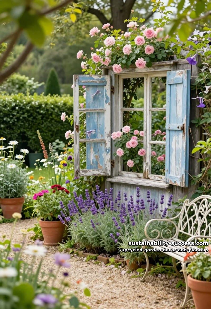 18 Upcycled Garden Decor and Planter Ideas, From Boot Planters to a Watering-Can Fountain 28 old windows and shutters as a trellis or cold frame 1