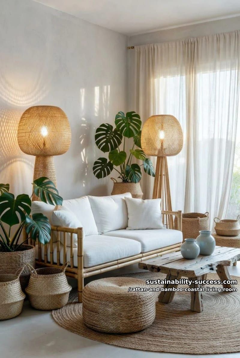 oversized rattan floor lamps standing beside lush monstera floor plants 1