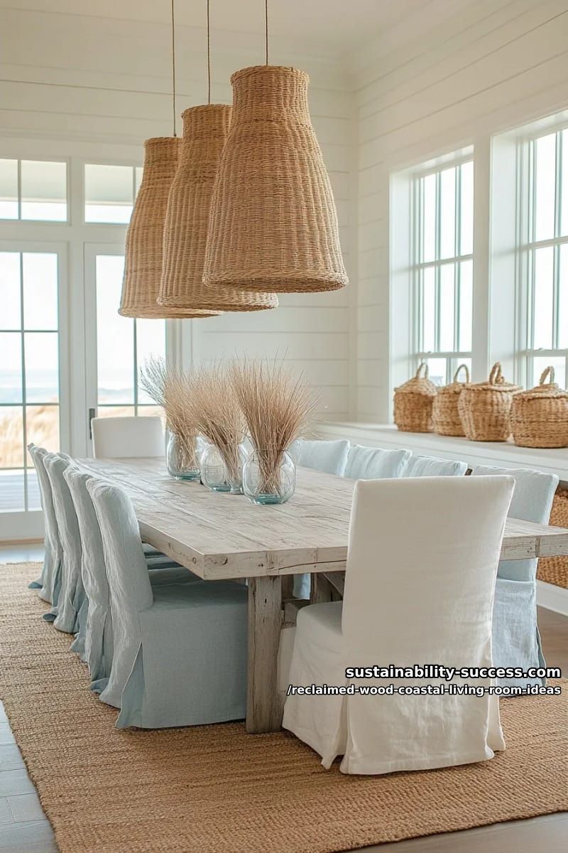 15 Reclaimed Wood Decor Ideas for a Breezy Coastal Living Room 10 oversized rope-wrapped pendant lights above a reclaimed wood table 1