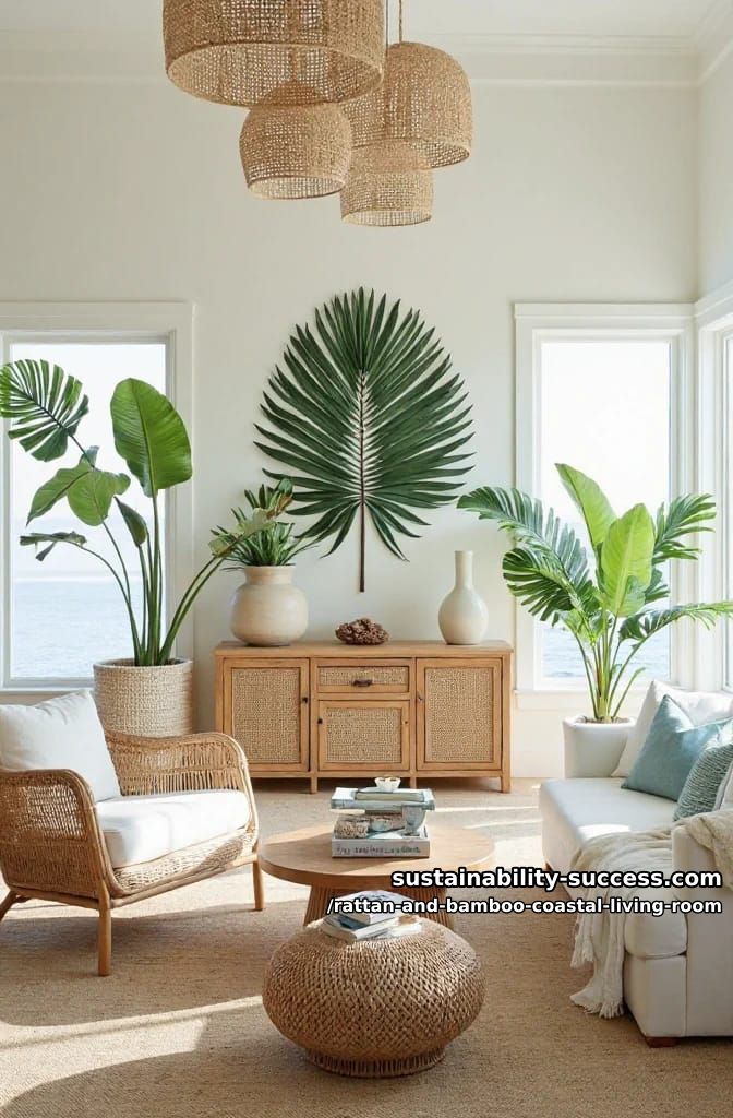 palm leaf wall art paired with rattan accent chairs and bamboo pendants 1