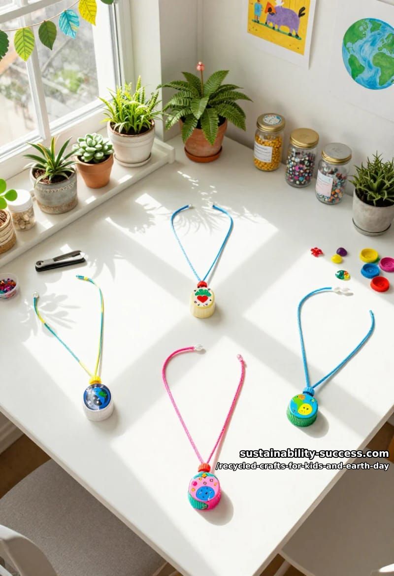 12 Recycled Crafts for Kids That Earn a Real "Whoa" on Earth Day 25 plastic lid pendant necklaces kids actually wear 24