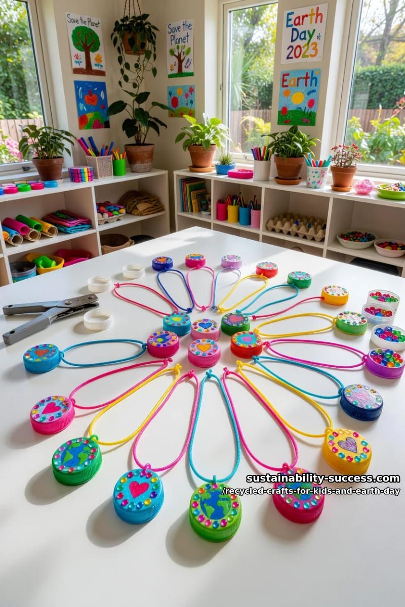 12 Recycled Crafts for Kids That Earn a Real "Whoa" on Earth Day 26 plastic lid pendant necklaces kids actually wear 25