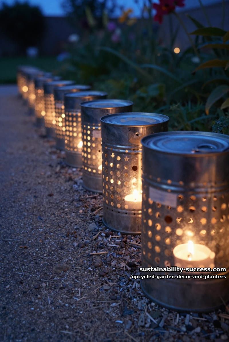 18 Upcycled Garden Decor and Planter Ideas, From Boot Planters to a Watering-Can Fountain 33 punched tin cans as path lanterns 1