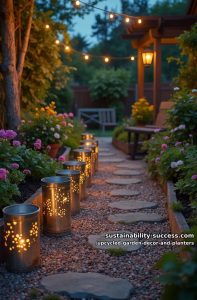 18 Upcycled Garden Decor and Planter Ideas, From Boot Planters to a Watering-Can Fountain 1 punched tin cans as path lanterns 31