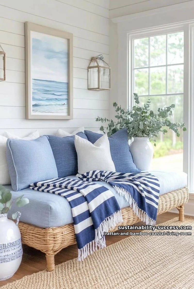 rattan daybed with sky blue linen cushions and nautical striped blankets 1