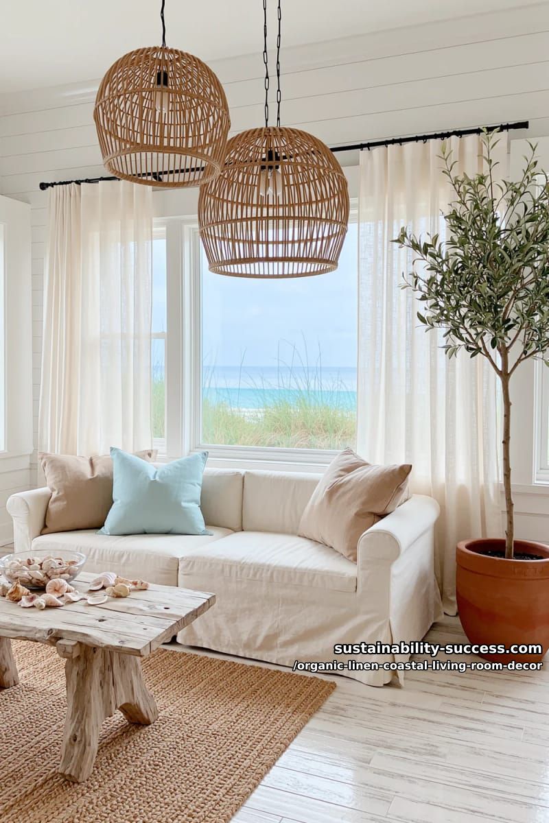 rattan pendant lights suspended over a linen slipcovered lounge chair 1