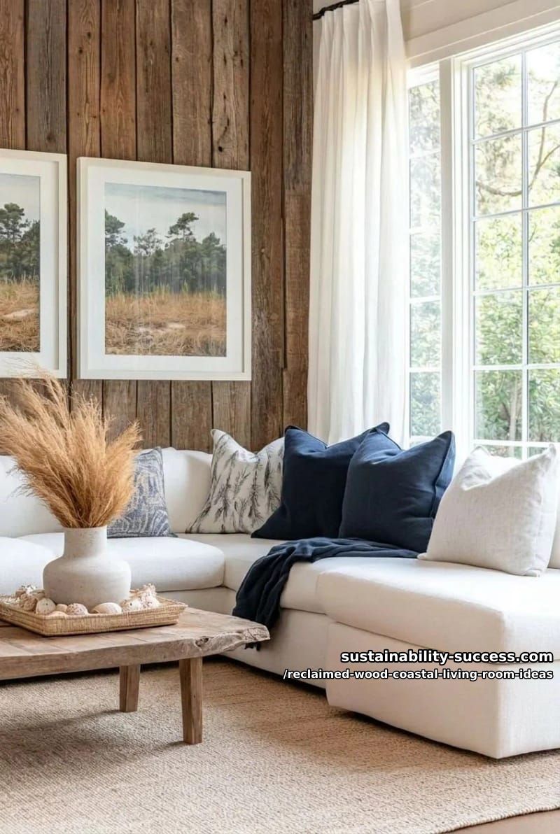 15 Reclaimed Wood Decor Ideas for a Breezy Coastal Living Room 3 reclaimed wood paneled accent wall behind a cozy white sectional 1