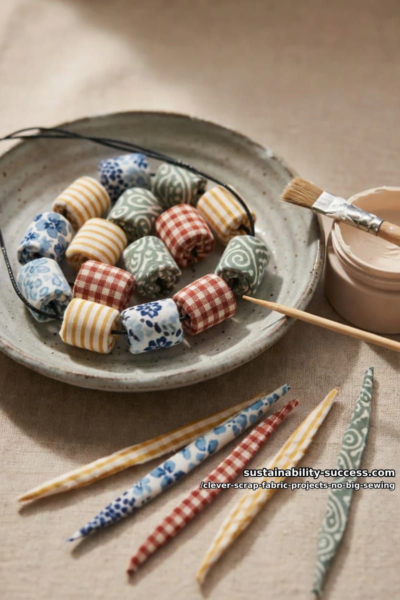 12 Clever Scrap Fabric Projects With Almost No Sewing 3 rolled fabric scrap beads strung into a necklace 1