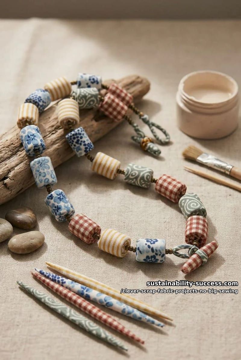12 Clever Scrap Fabric Projects With Almost No Sewing 4 rolled fabric scrap beads strung into a necklace 1